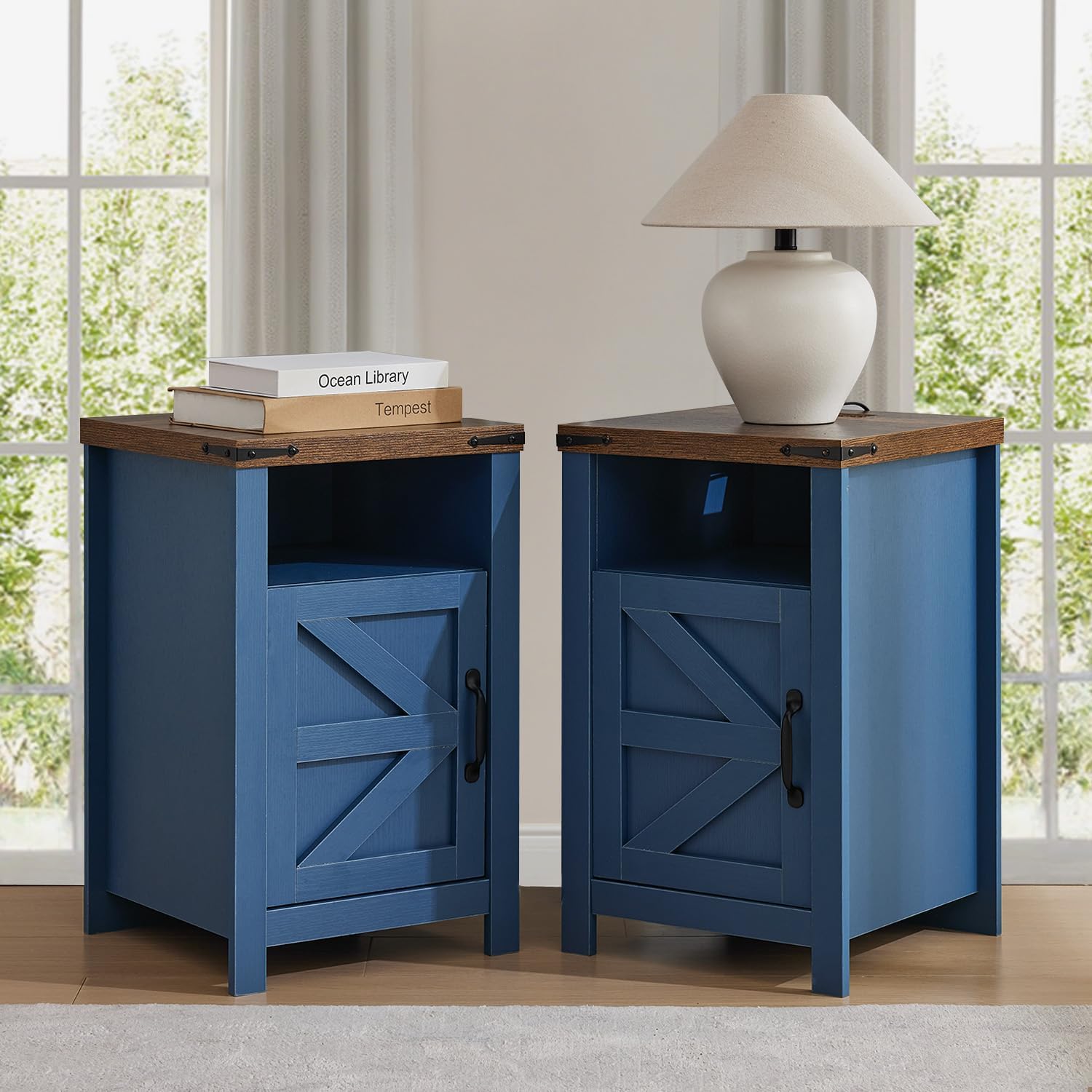 Farmhouse Nightstand Set of 2, Bedside Table with Charging Station, Night Stand with Barn Door, Blue End Table Sofa Side, Nightstand Storage for Bedroom Living Room, Blue
