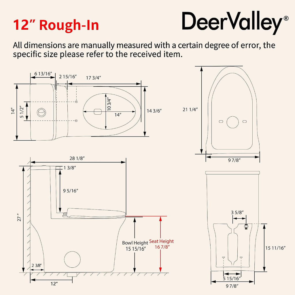 DeerValley Black One Piece Toilet with Efficient Dual Flush 1.1/1.6 GPF | Standard Height Toilet Bowl, Durable Ceramic, Slow Close Seat, Skirted Design 12' Rough-In Toilet for Bathroom DV-1F026B