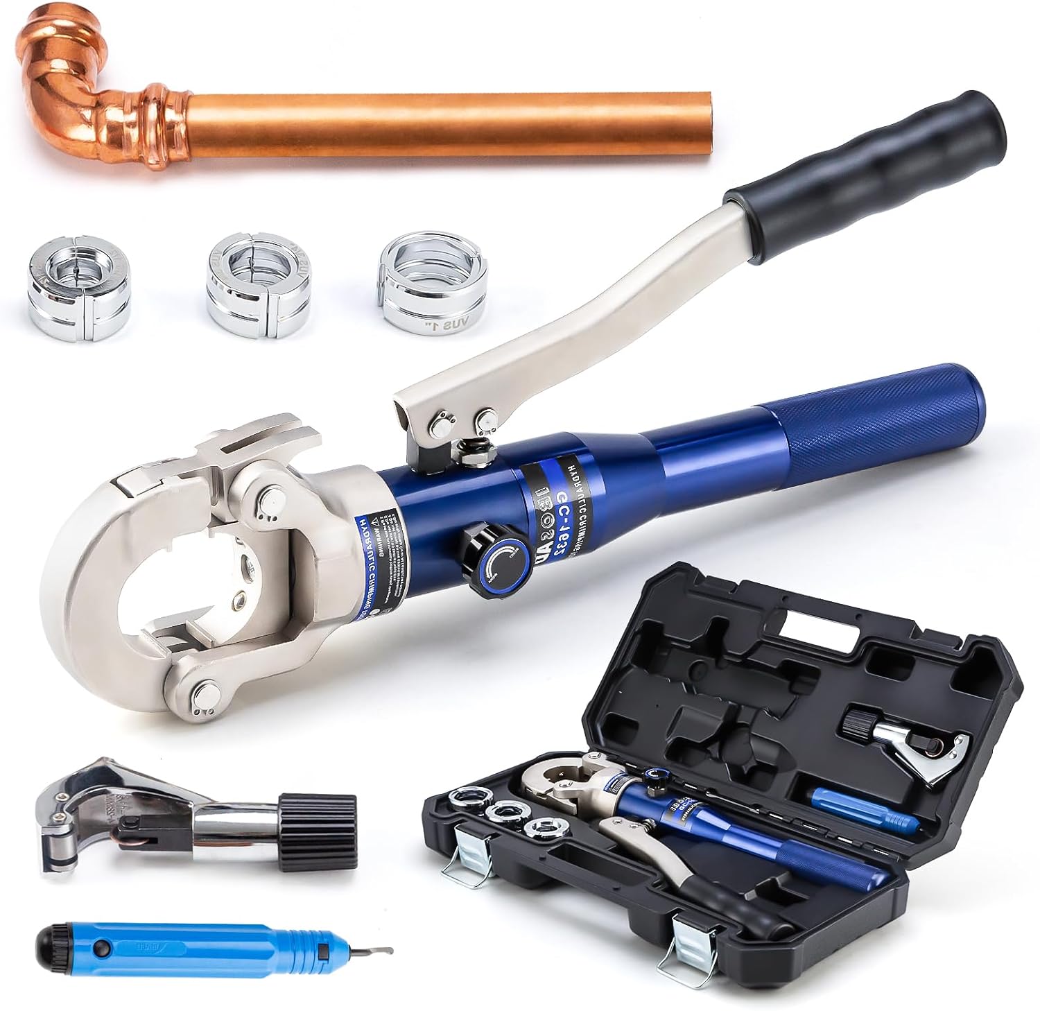 Copper Tube Fittings Hydraulic Pipe Crimping Tool with 1/2',3/4' and 1' Jaw Copper Pipe Press Crimper Pressing Pliers, with Pipe Cutter