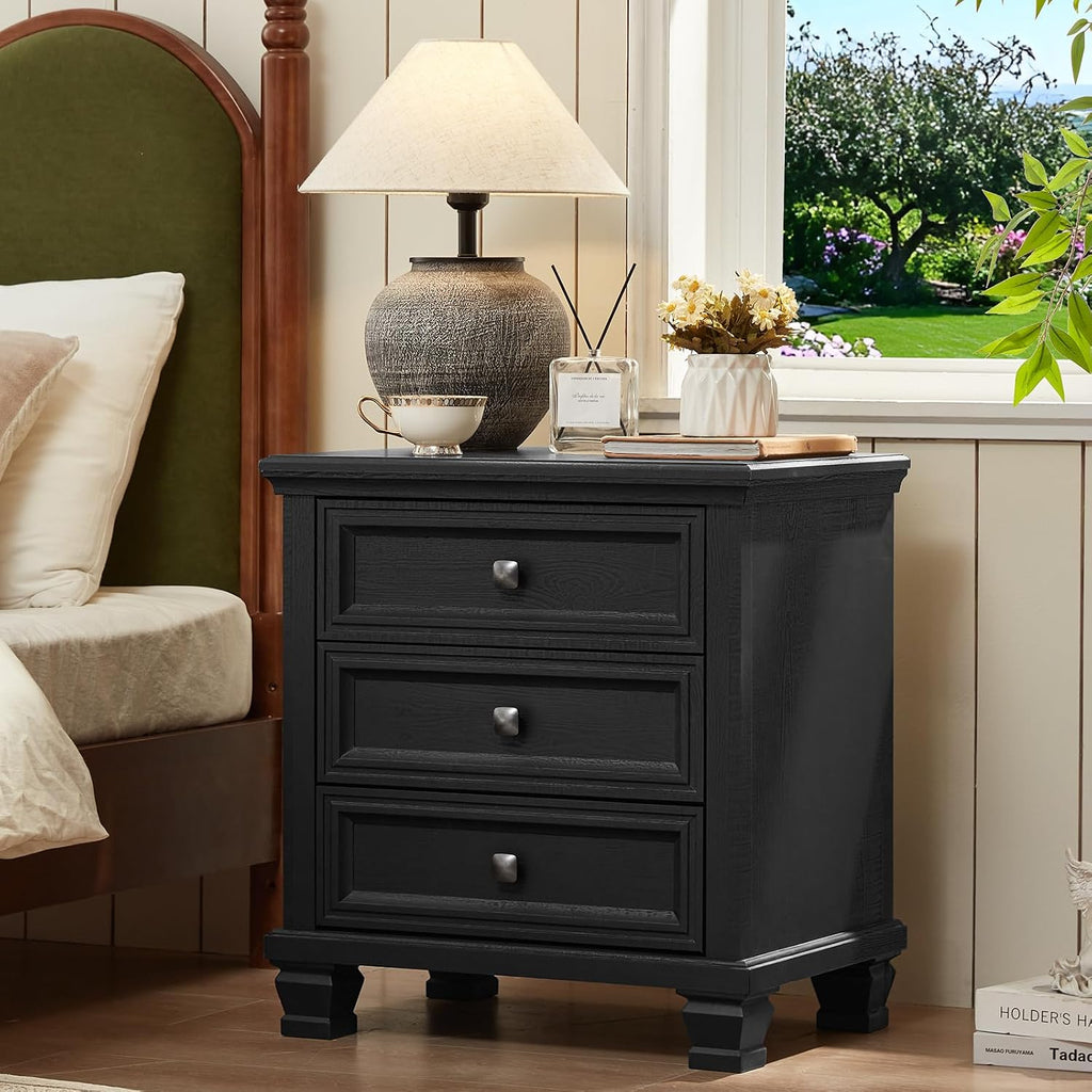 SAVOR LIFE Farmhouse Nightstand with 3 Drawers, Rustic Couch End Table with 4 Square Solid Wood Legs, Mid-Century Modern Bed Side Table with Storage, Small Dresser for Bedroom, Living Room, Black