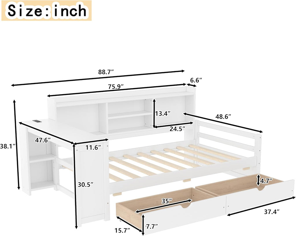 SOFTSEA Twin Corner Bed Frame with Storage Drawers, Desk & Bookcase, Wood Corner Daybed with Charging Station, L-Shaped Daybed for Kids Bedroom, No Box Spring Needed, White