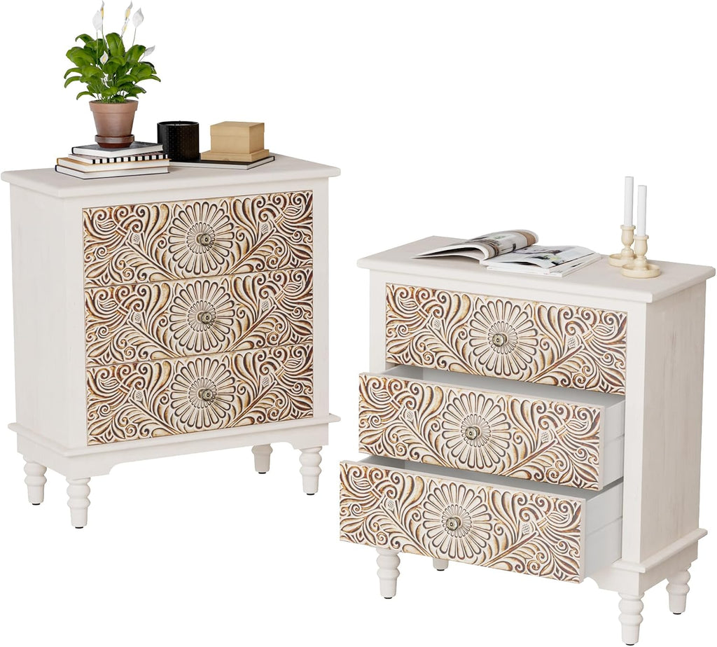 COSIEST Bedside Table Set of 2, Wood Nightstand 3 Drawers, Farmhouse End Table with Storage, Dresser with Drawers for Bedroom, Living Room