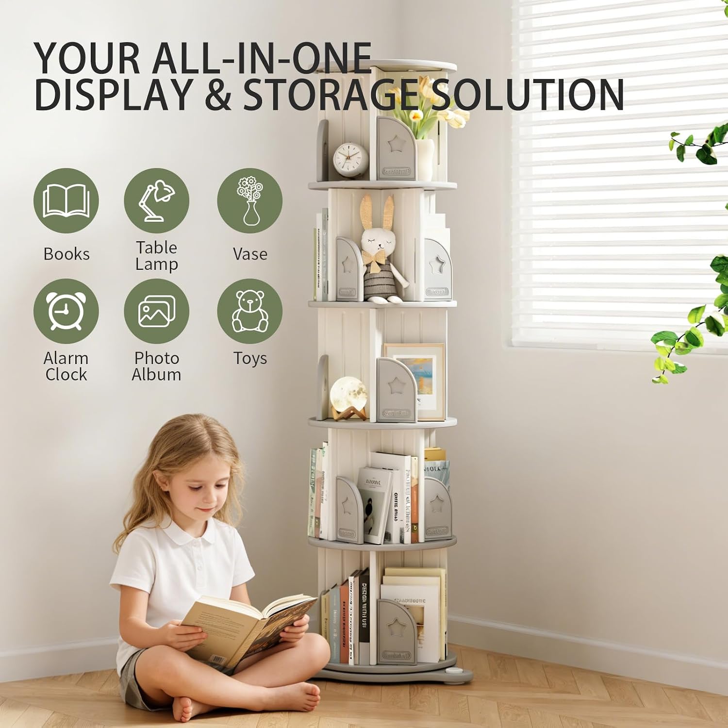 5-Tier Rotating Bookcase with Wheels, 360° Spinning Bookshelf Tower for Corner Spaces, Multi-Functional Book Display Stand & Organizer for Living Room, Bedroom, Classroom, Office - White