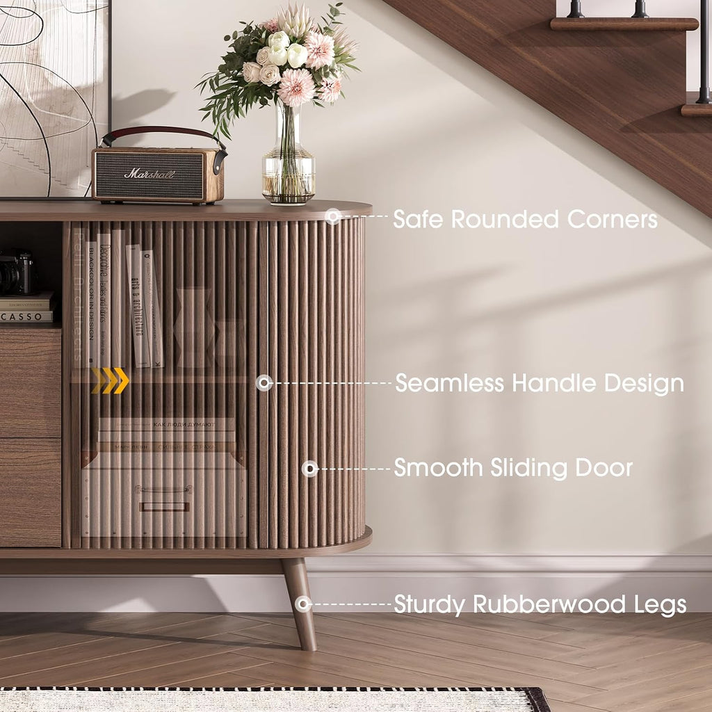 JOINICE 63' Fluted Storage Cabinet for Living Room,Mid-Century Modern Sideboard with Sliding Doors, Walnut Buffet Cabinet with Drawers & Solid Wood Legs, Large Accent Credenza for Home, Dining Room