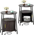 DHH Round End Tables Set of 2 & Charging Station, Fluted Accent Side Table with Sliding Door, Mid-Century Modem Nightstand Set for Small Space Storage, Living Room, Bedroom,Sofa Couch(Dark Walnut)