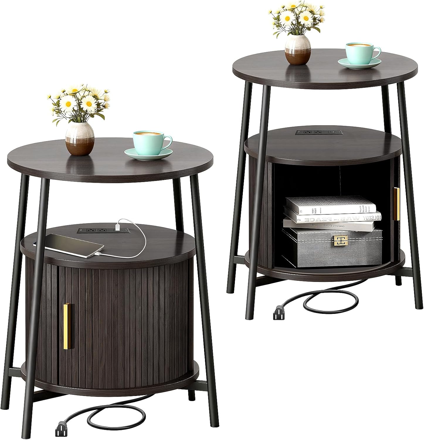 DHH Round End Tables Set of 2 & Charging Station, Fluted Accent Side Table with Sliding Door, Mid-Century Modem Nightstand Set for Small Space Storage, Living Room, Bedroom,Sofa Couch(Dark Walnut)