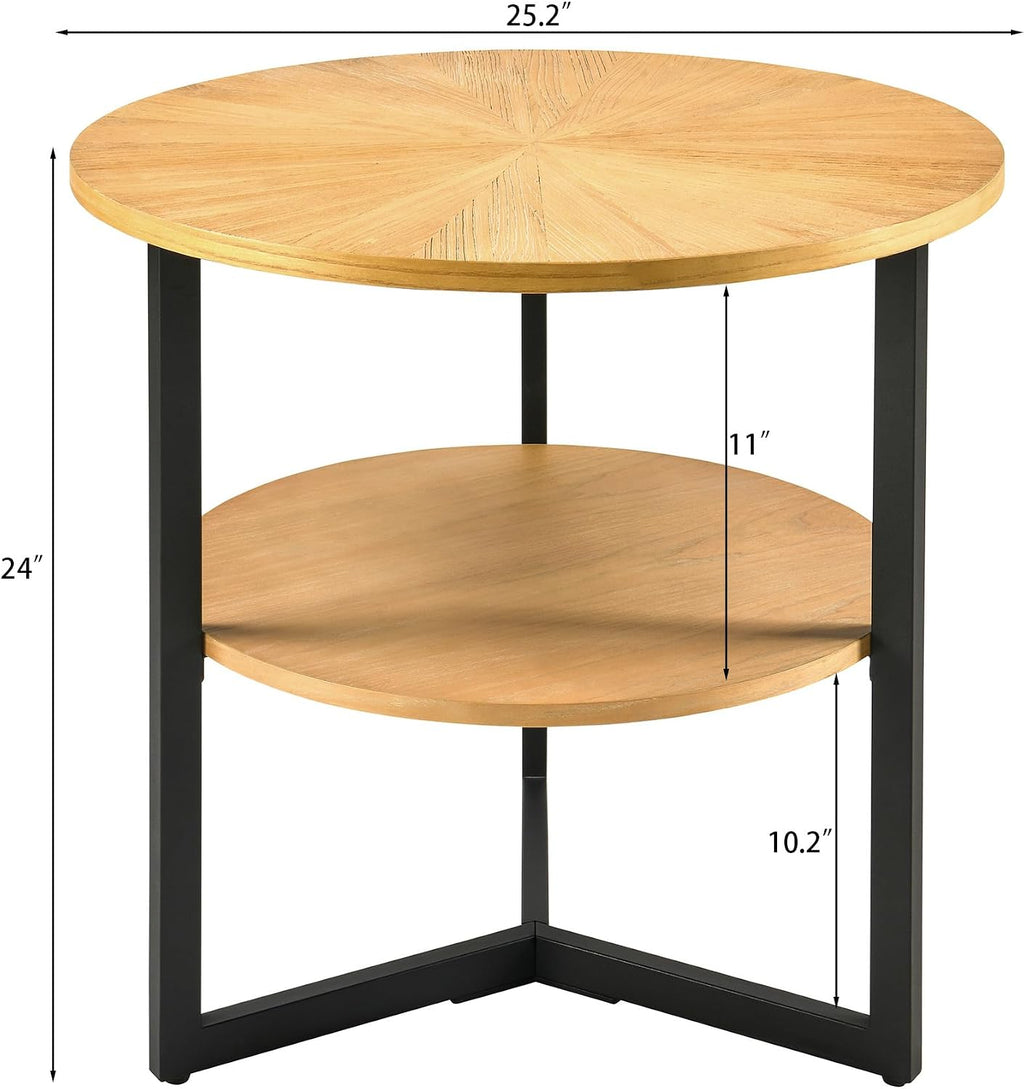 Round Large End Table with 2 tire Storage Shelf, 25.2' Solid Wood Sofa Side Table with Black Metal Frame, Beside Table for Living Room,Small Space,Natural CJZ1338OA