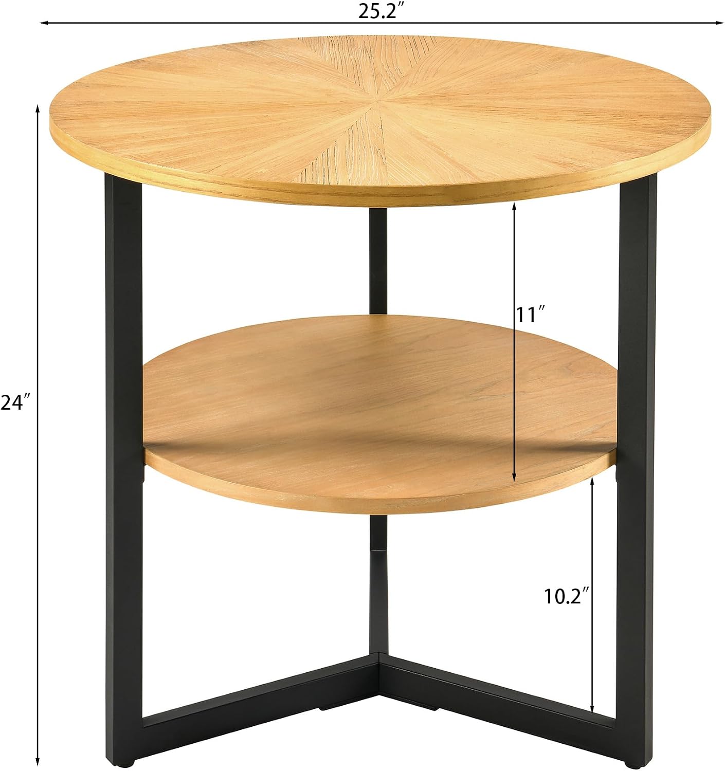 Round Large End Table with 2 tire Storage Shelf, 25.2' Solid Wood Sofa Side Table with Black Metal Frame, Beside Table for Living Room,Small Space,Natural CJZ1338OA