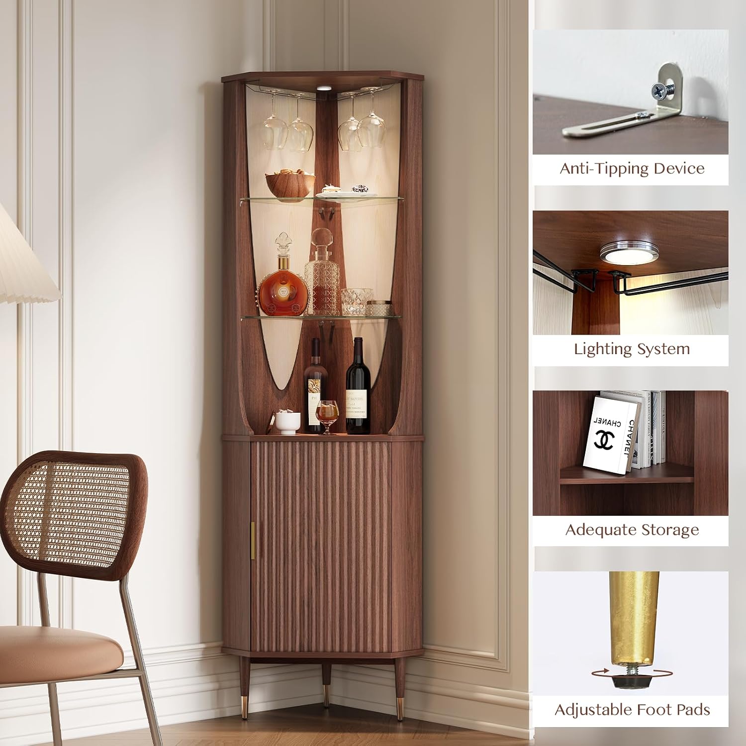 JOINICE 70' Tall Corner Bar Cabinet, Mid-Century Modern Fluted Storage Cabinet with Glass Shelves, Door & LED Lighting, Space-Saving Liquor Cabinet for Living Room, Kitchen, or Dining Room, Walnut