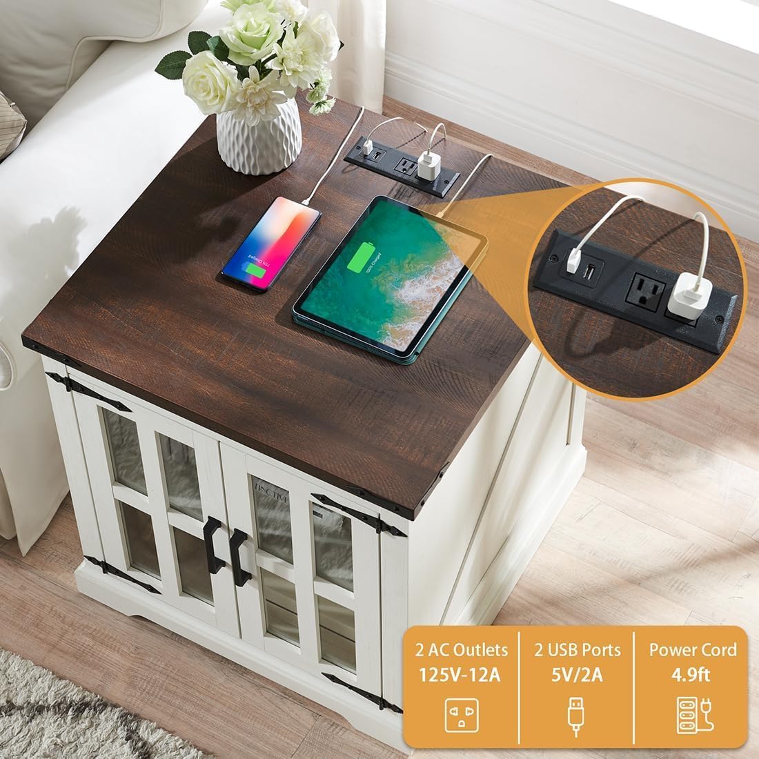 Barnyatoh Farmhouse End Table with Charging Station,24' Large Sofa Side Table with Glass Barn Door, Rustic Wood Nightstand Bedside Table with Adjustable Storage Shelf for Living Room, Bedroom,White