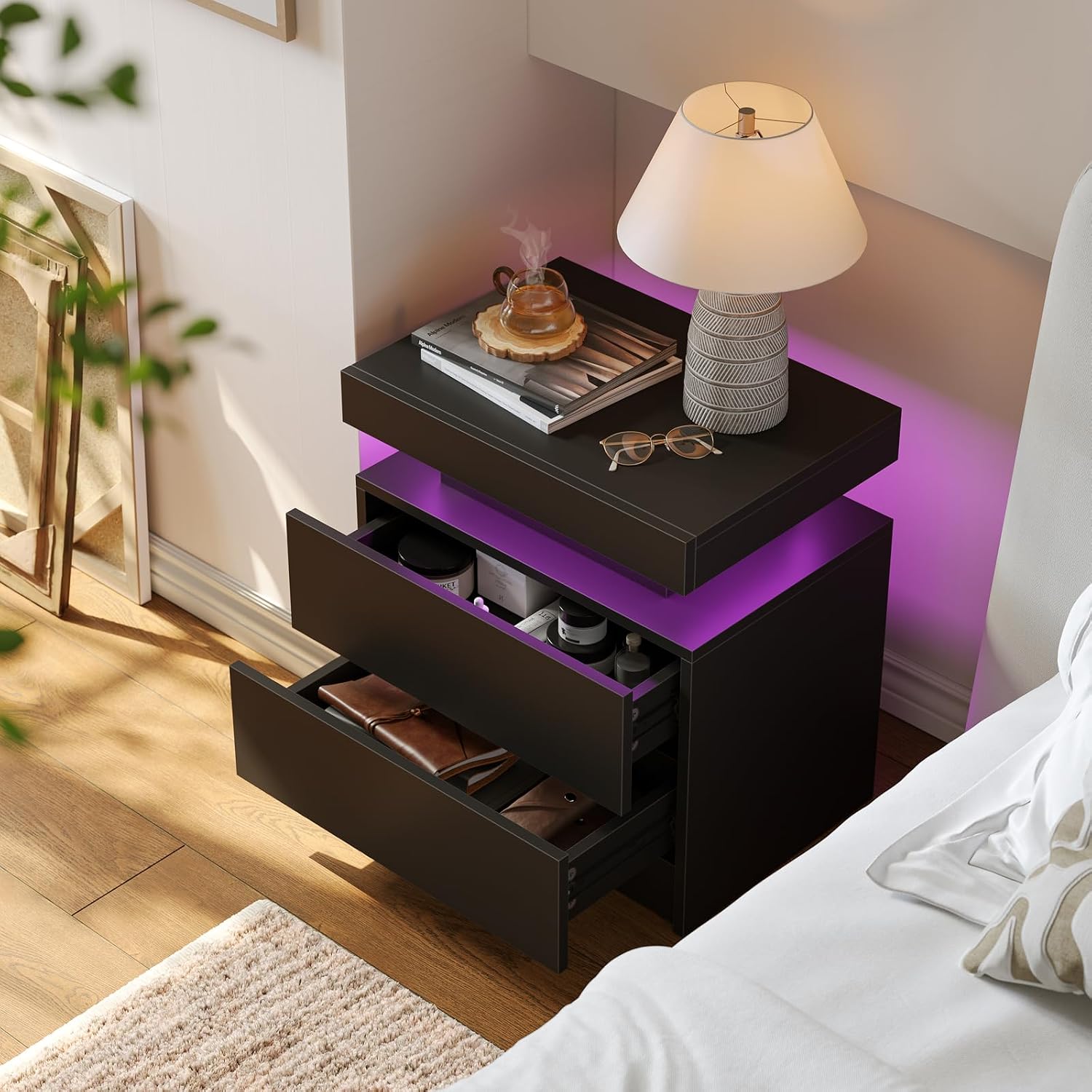 Cubehom Nightstands Set of 2, Bedside Tables with LED Lights, Night Stands with 2 Wood Drawers, End Tables Set of 2 for Living Room/Bedroom