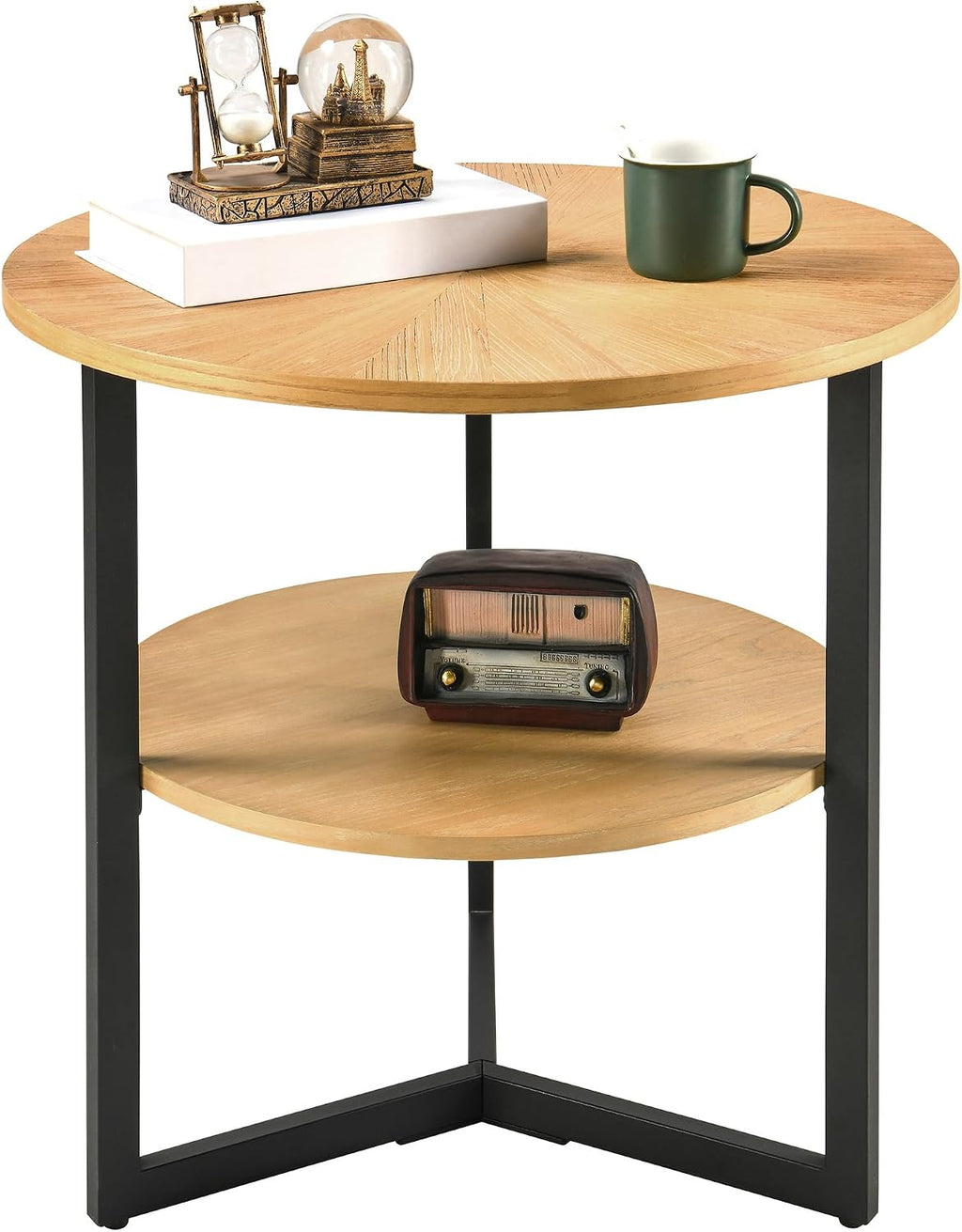 Round Large End Table with 2 tire Storage Shelf, 25.2' Solid Wood Sofa Side Table with Black Metal Frame, Beside Table for Living Room,Small Space,Natural CJZ1338OA
