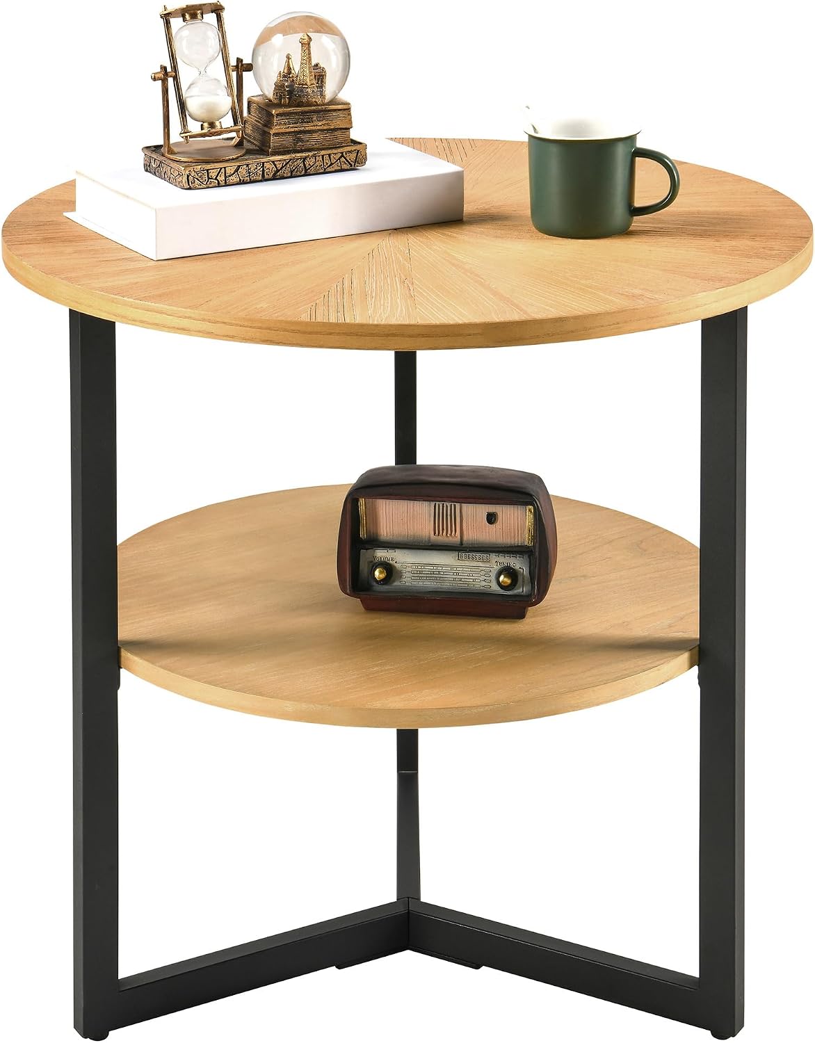 Round Large End Table with 2 tire Storage Shelf, 25.2' Solid Wood Sofa Side Table with Black Metal Frame, Beside Table for Living Room,Small Space,Natural CJZ1338OA