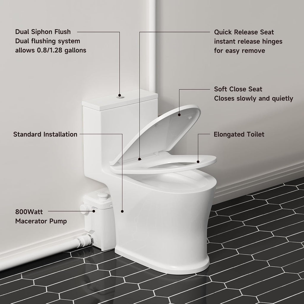 36ft Upflush Macerating Toilet System, Basement Toilet with Macerator Pump, One Piece Full Skirted, Flexible Top or Side Drain Port for Household Commercial Use, 1HP, 120V, CEC Approved