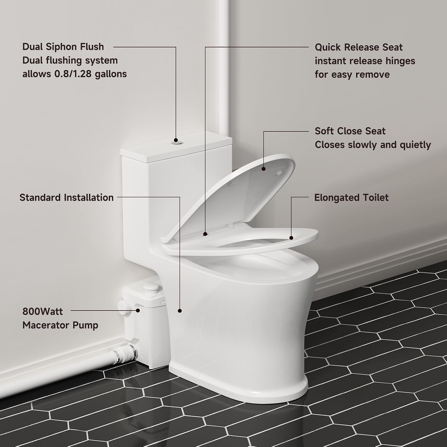 36ft Upflush Macerating Toilet System, Basement Toilet with Macerator Pump, One Piece Full Skirted, Flexible Top or Side Drain Port for Household Commercial Use, 1HP, 120V, CEC Approved