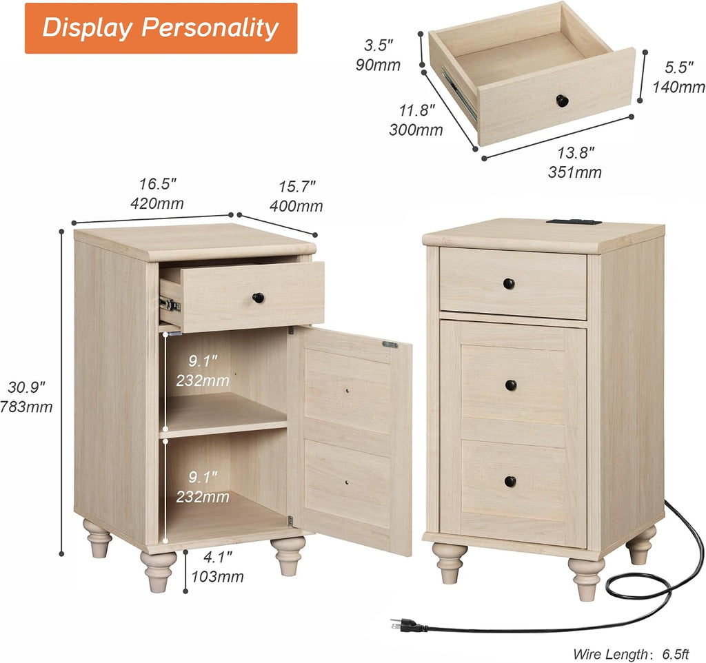 WAMPAT Set of 2 Wooden End Tables with Drawer and Storage Cabinet, Nightstands with Charging Station, Modern Farmhouse Living Room Side Tables, Light Oak Bedside Table for Bedroom