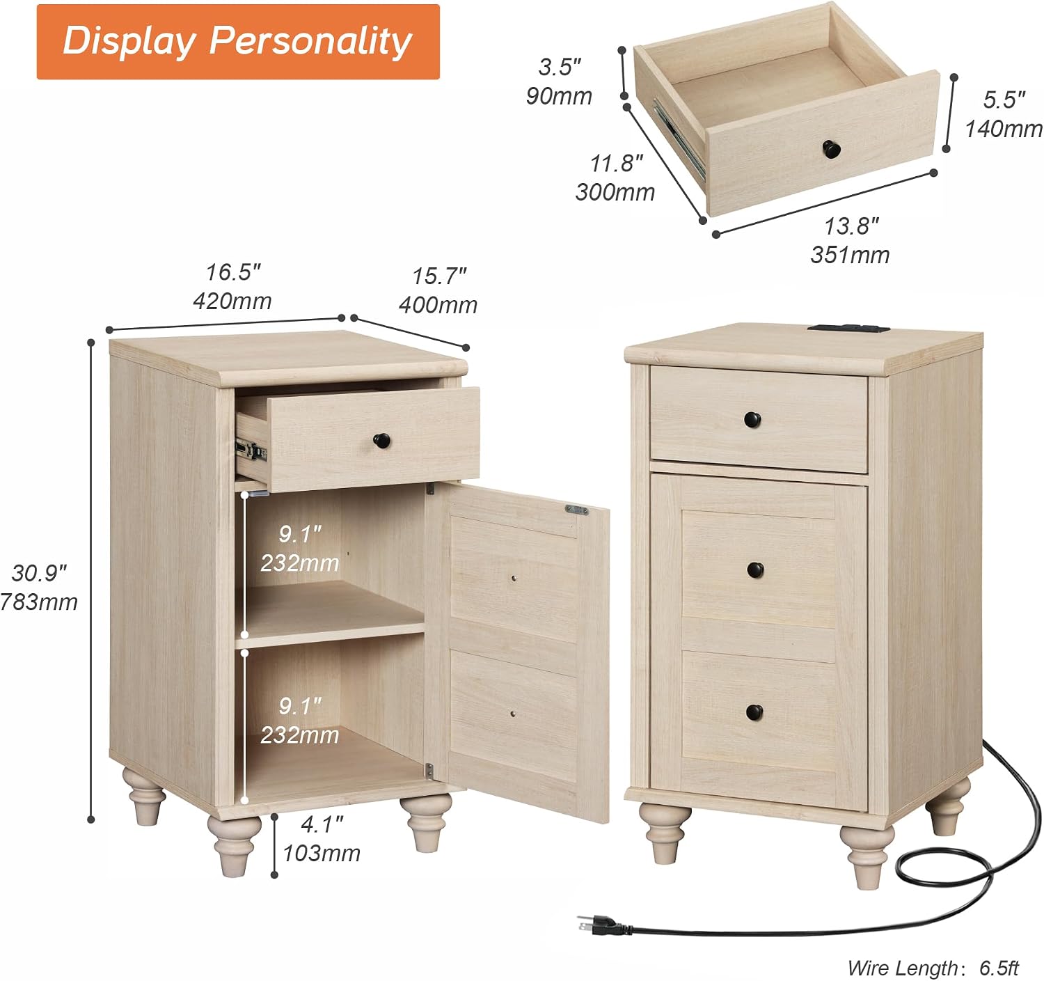 WAMPAT Set of 2 Wooden End Tables with Drawer and Storage Cabinet, Nightstands with Charging Station, Modern Farmhouse Living Room Side Tables, Light Oak Bedside Table for Bedroom