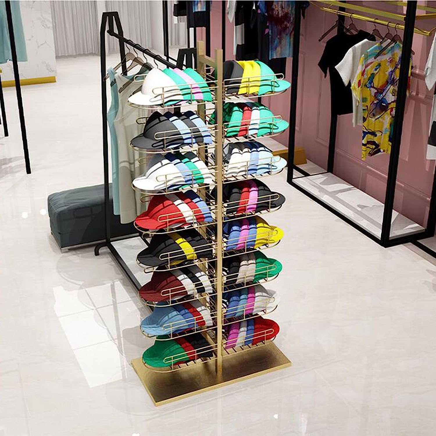 Floor Standing Store Display Stand,8 Tier Hat Rack,Baseball Cap Rack,Modern Headwear Wig Rack,Double Sided Metal Storage Rack For Commercial Boutique Retail,B