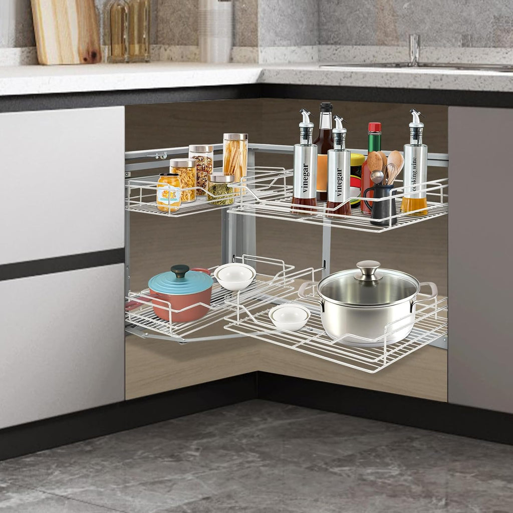 Blind Corner Cabinet Pull Out Right, 15 Inch Blind Corner Cabinet 2 Tiers Organizer Adjustable Design, Hidden Slide Out Shelves for Store Kitchen Utensils (Pull Out Left & Right, Style2)