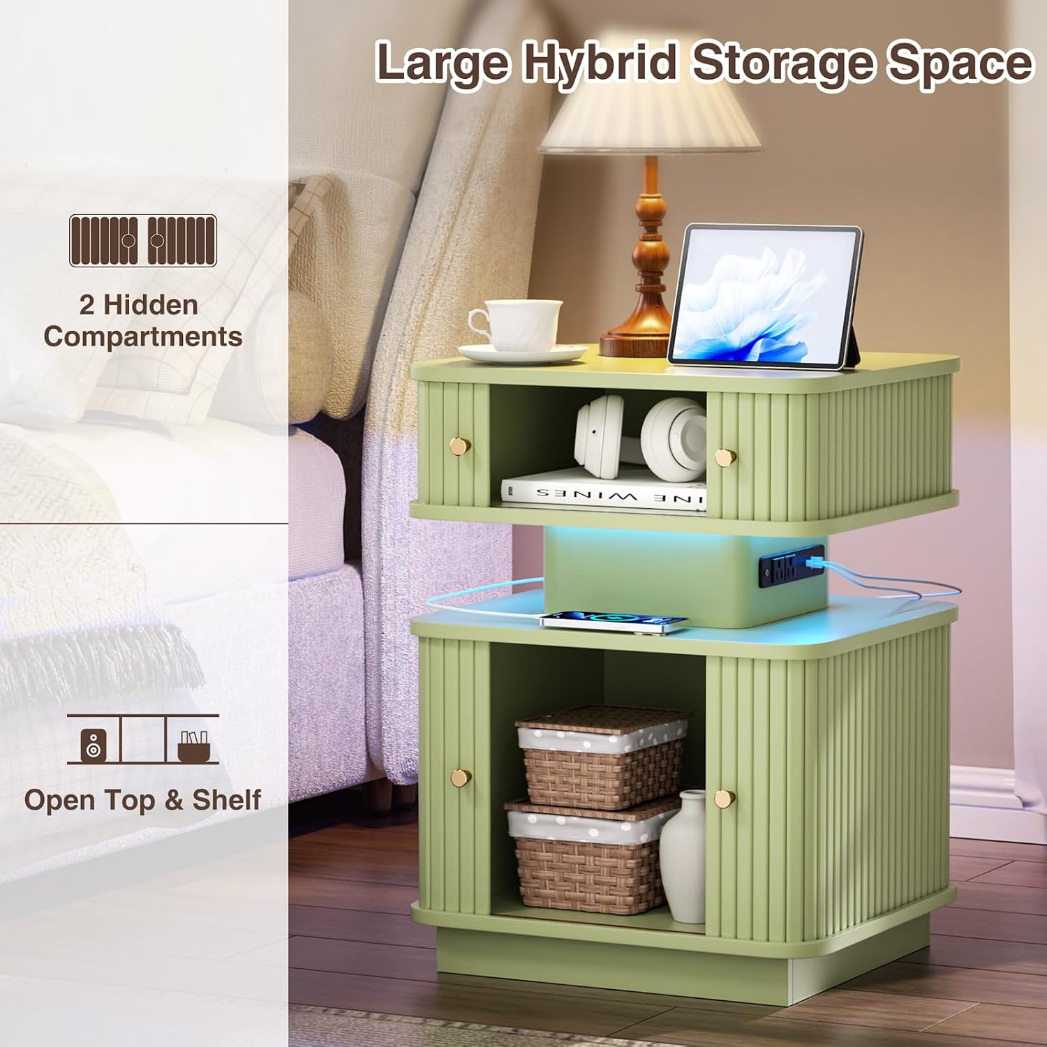 Set of 2 LED Light End Table with Charging Station, Green Mid Century Bedside Table with USB Type A C Ports, Small Fluted Accent TV Control Nightstand with Sliding Door for Living Room, Curvy Edge