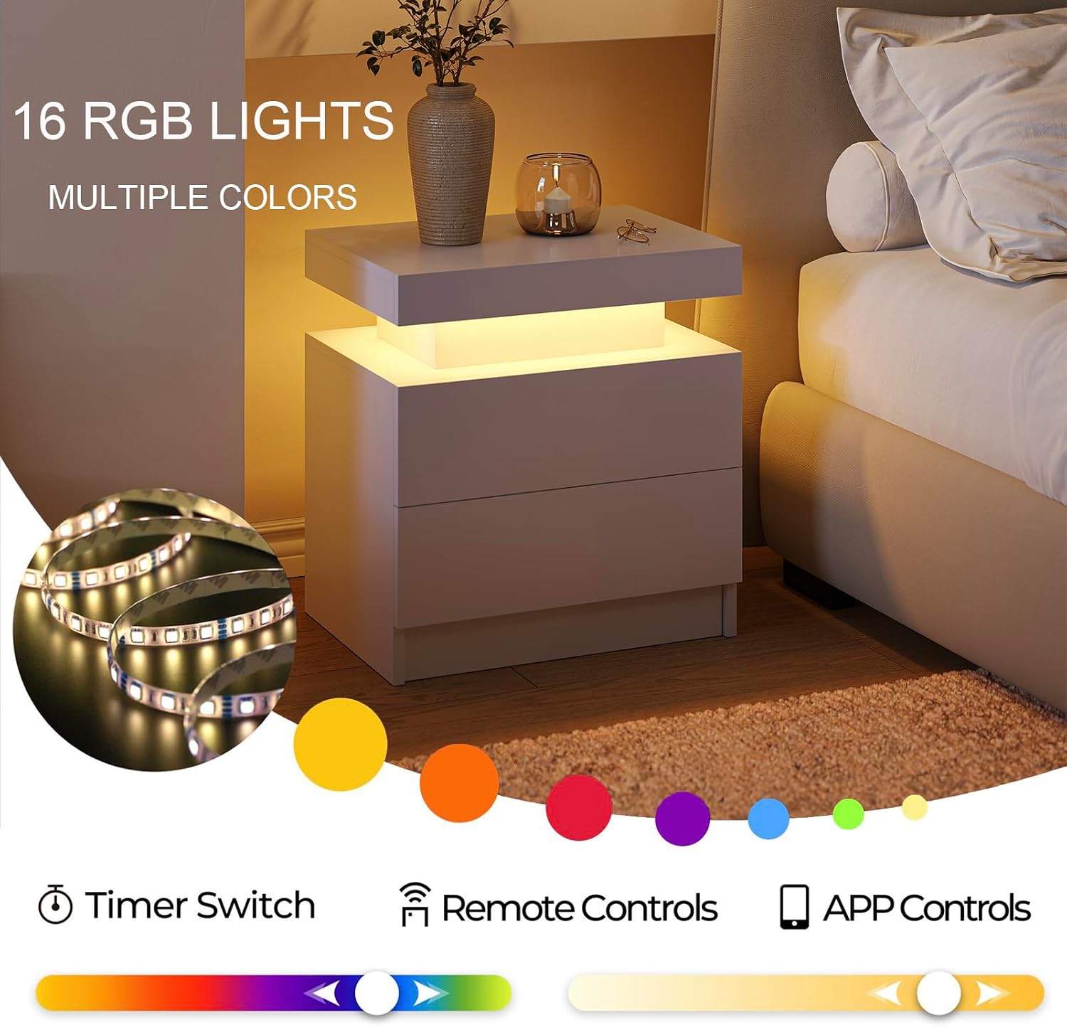 Cubehom Nightstands Set of 2, Bedside Tables with LED Lights, Night Stands with 2 Wood Drawers, End Tables Set of 2 for Living Room/Bedroom