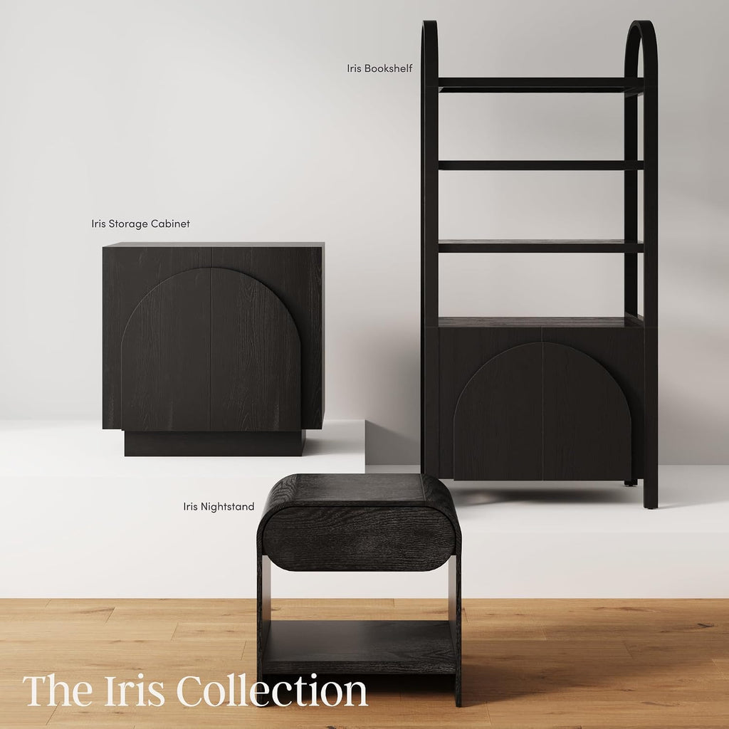 Nathan James Iris Mid-Century Modern Nightstand with Drawer, End Table with Storage for Bedroom or Living Room with Rounded Silhouette, Black Oak Set of 2