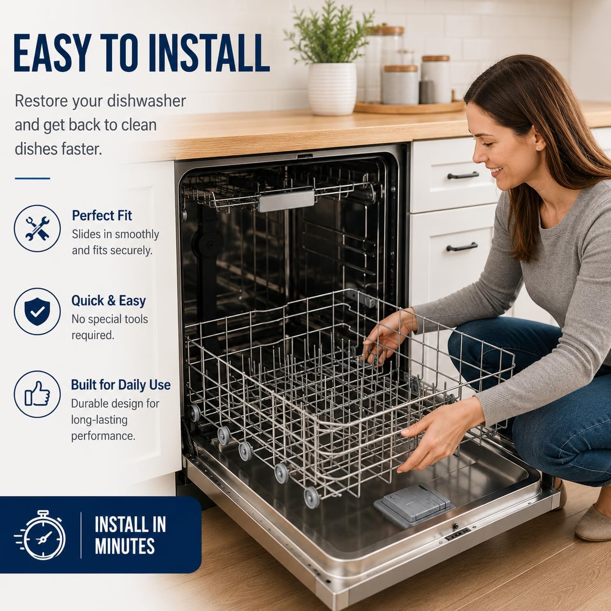 W10311986 for Whirlpool ERP Lower Dishwasher Rack ，Dishwasher Model WDF520PADM7，Measure carefully before buying，Current Basket is about 20.47' Wide, about 20.08' Deep, and about 6' High.