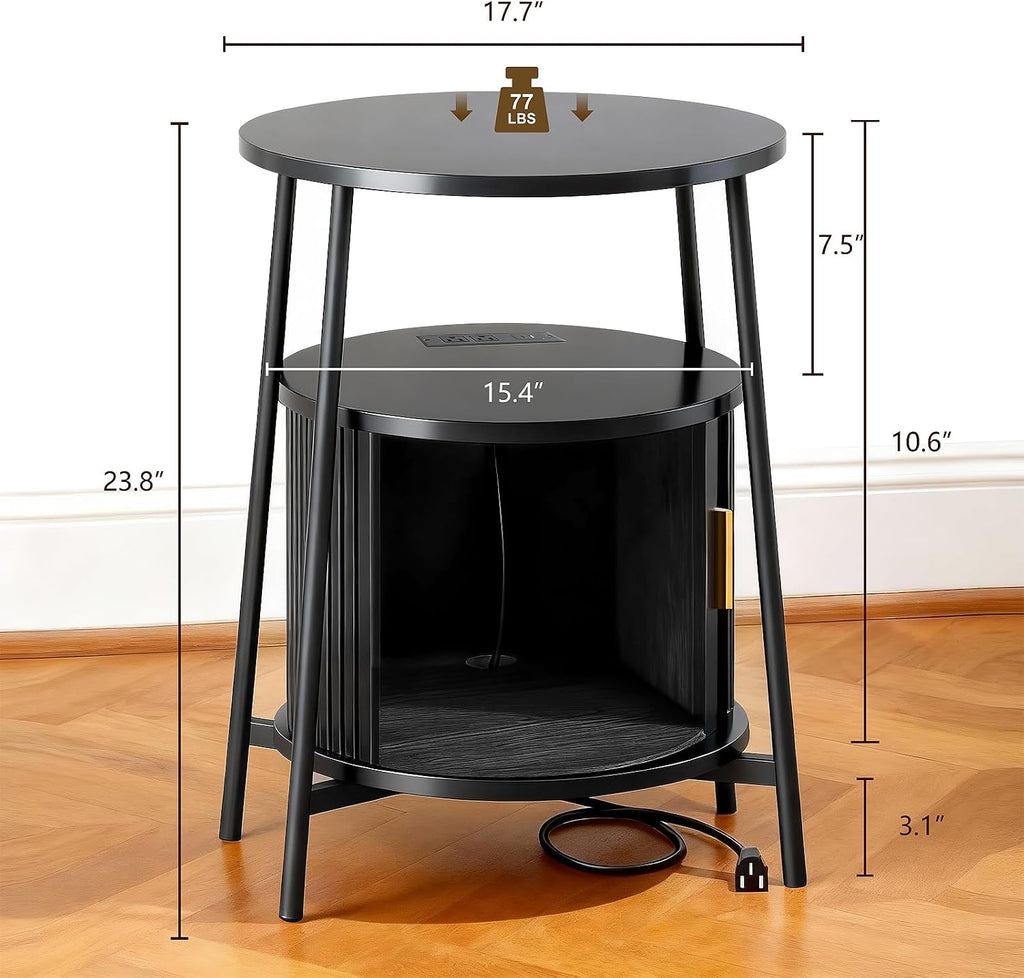 DHH Round End Tables Set of 2 & Charging Station, Fluted Accent Side Table with Sliding Door, Mid-Century Modern Nightstand Set of 2 for Small Space Storage, Living Room, Bedroom,Sofa Couch(2, Black)