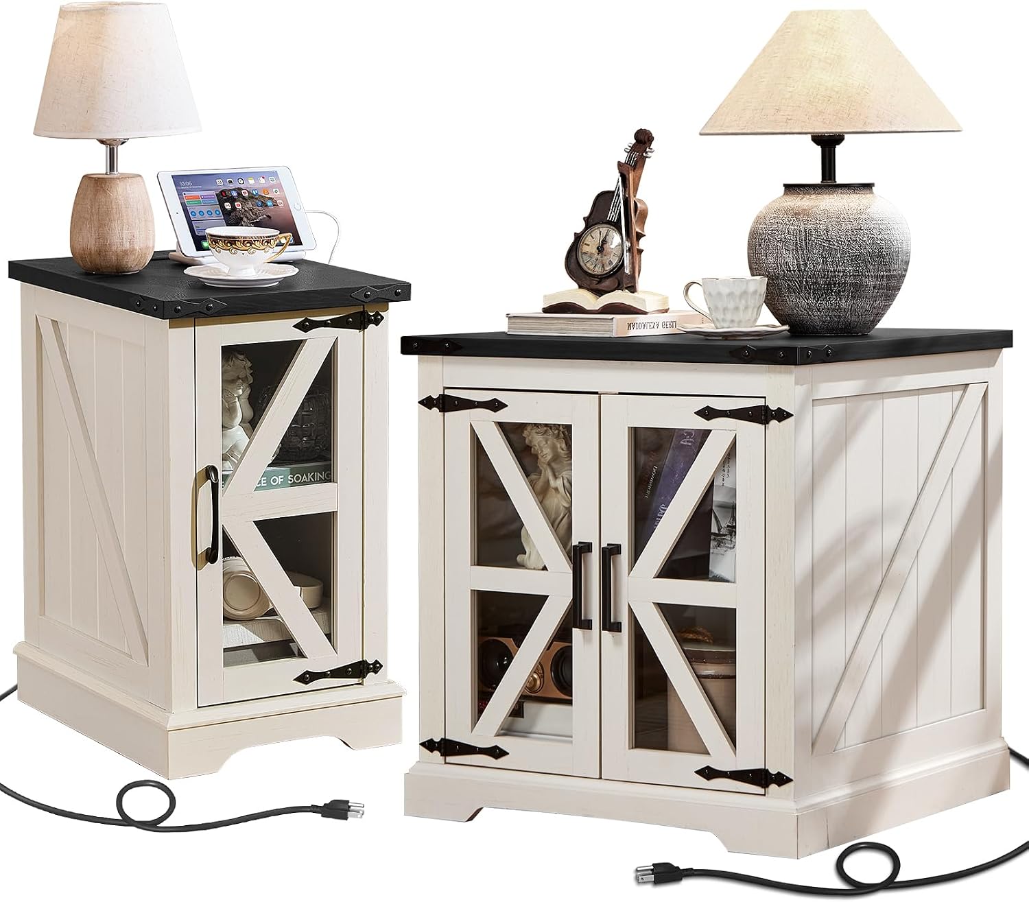 Joaxswe Farmhouse End Tables Living Room Set of 2 with Charger Station, 18'' Small Night Stand and 24' Large Side Table with Glass Barn Door Storage, Wood Nightstand Bedside Tables for Bedroom Office
