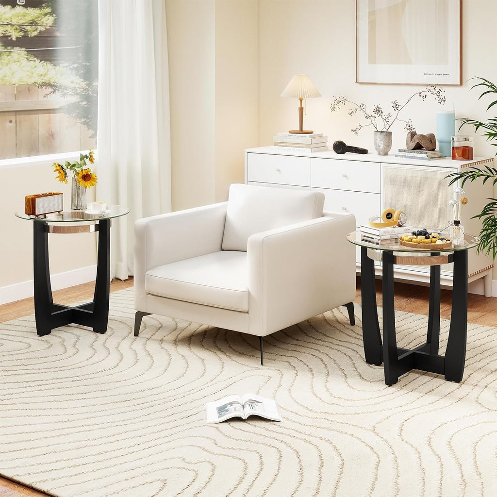 Giantex Round Glass End Table Set of 2, 24'' Side Table with Tempered Glass Top, Nightstands with Cross & Solid Rubber Wood Base, Compact Bedside Night Stand for Bedroom Office Living Room (2, Black)