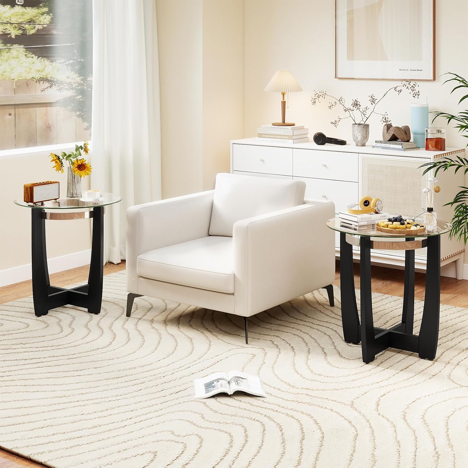 Giantex Round Glass End Table Set of 2, 24'' Side Table with Tempered Glass Top, Nightstands with Cross & Solid Rubber Wood Base, Compact Bedside Night Stand for Bedroom Office Living Room (2, Black)