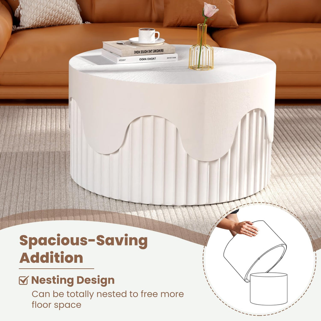 Fluted Round Nesting Coffee Table Set of 2, Modern Unique Circle Coffee Table, Drum Side Tea Table, Space-Saving for Living Room, Bedroom, Balcony, Office, No Assembly (26.77'+19.69' White A)