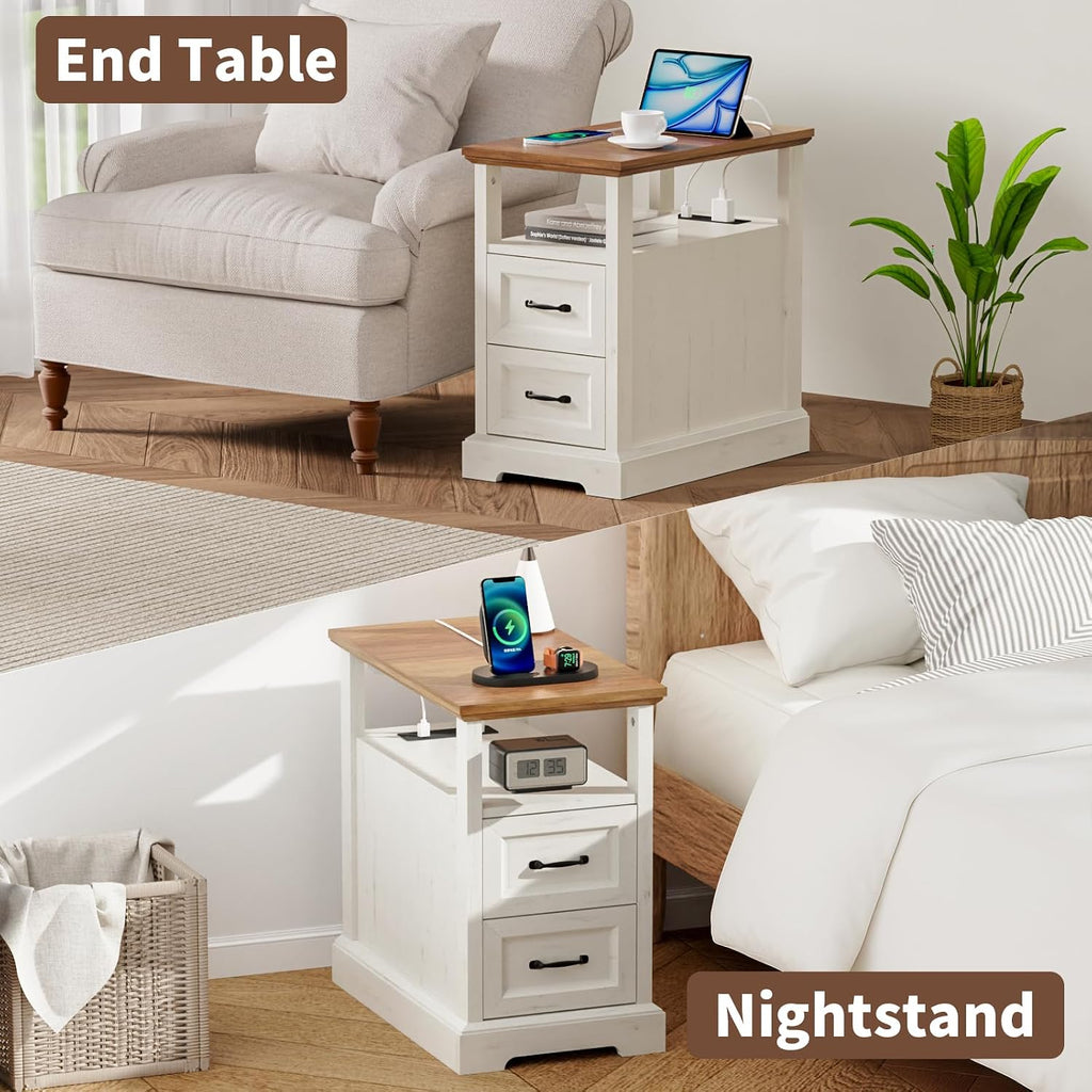 HOMMPA Farmhouse End Table with Charging Station, 23.6'' Rustic End Table w/Storage Drawers & Open Shelf, Wood Sofa Side Table Bedside Table for Living Room Bedroom, Roman Column Design, Rustic White
