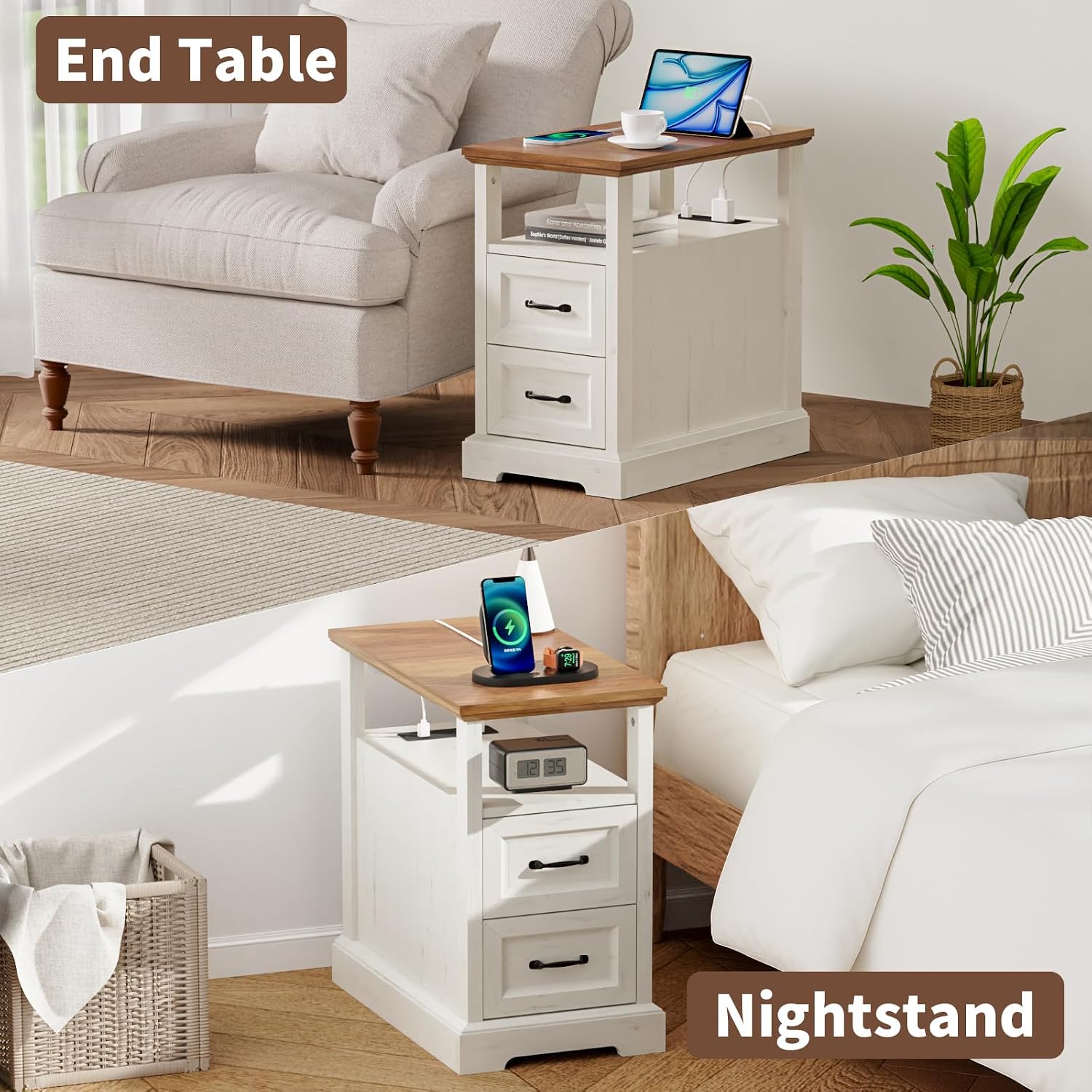 HOMMPA Farmhouse End Table with Charging Station, 23.6'' Rustic End Table w/Storage Drawers & Open Shelf, Wood Sofa Side Table Bedside Table for Living Room Bedroom, Roman Column Design, Rustic White