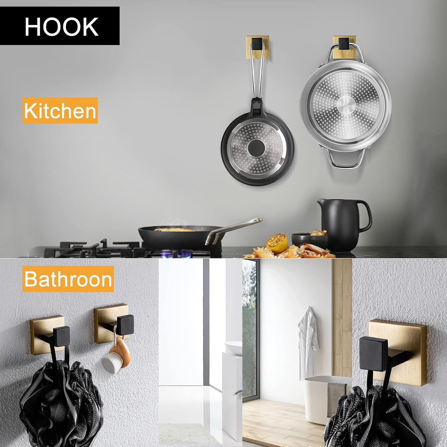 5-Piece Modern Bathroom Hardware Set, Stainless Steel Towel Bar Set with Robe Hook, Matte Black & Gold Finish