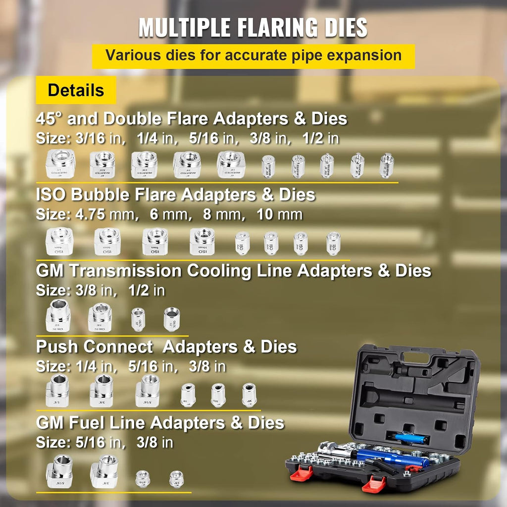 VEVOR Hydraulic Flaring Tool Kit, 45° Double Flaring Tool, Brake Repair Brake Flaring Tools for 3/16'-1/2', Brake Flare Tool with Tube Cutter and Deburrer, 32 PCS Tube Flaring Tools for Copper Lines