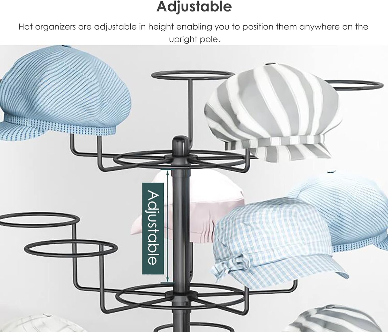 Hat Display Stand Rolling Hat Organizer Holder for Baseball Caps, Standing Hat Display Rack with Wheels, for Home Store Storage, Black