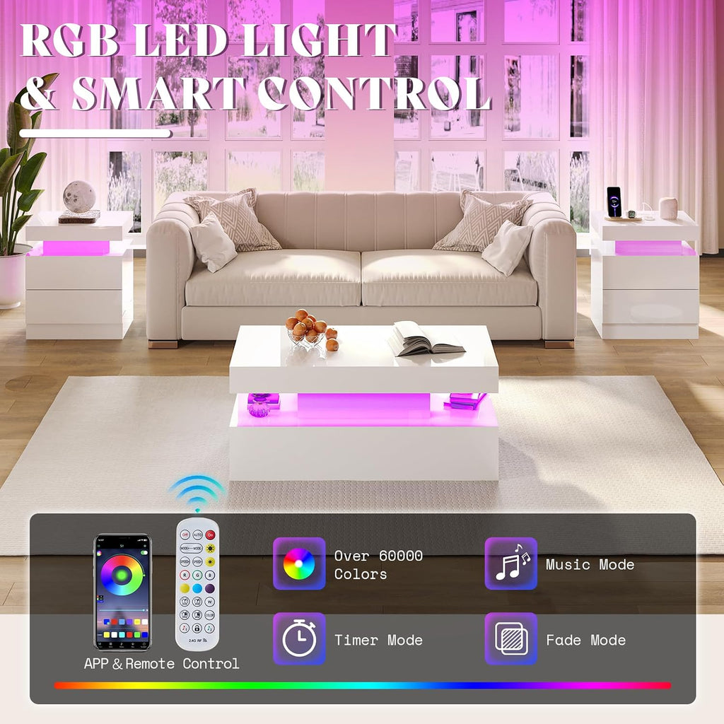 AMERLIFE 5 Piece Modern Living Room Table Set, Includes 80' Fireplace TV Stand, 2-Tier Coffee Table, 2 X Side Tables with Charging Station, LED Media Furniture, White