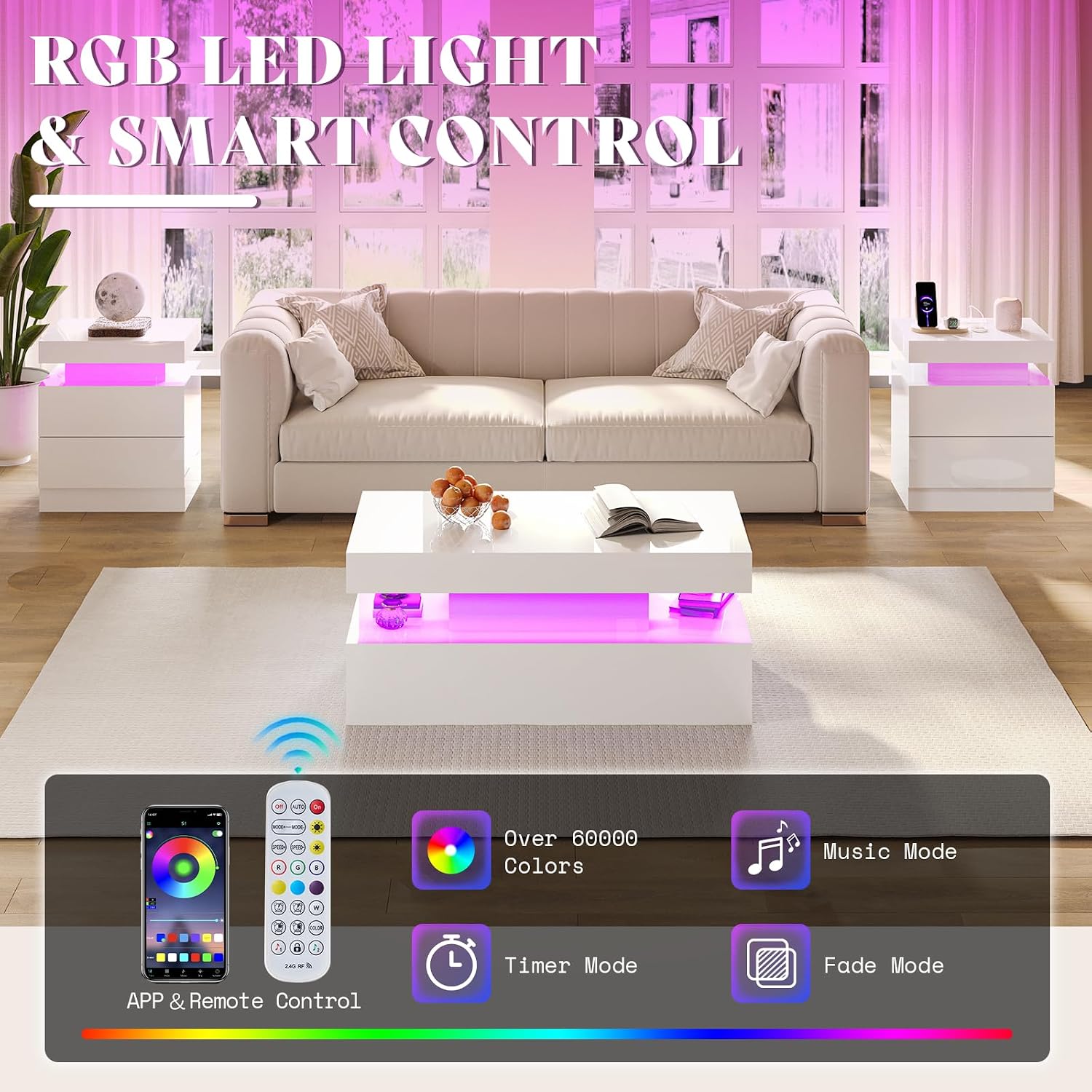AMERLIFE 5 Piece Modern Living Room Table Set, Includes 70' Fireplace TV Stand, 2-Tier Coffee Table, 2 X Side Tables with Charging Station, LED Media Furniture, White