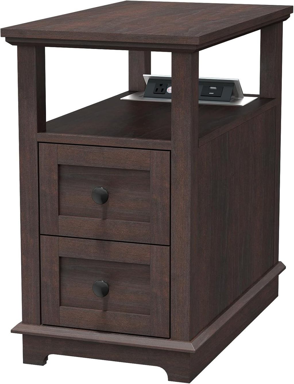 HIFYOBRO Narrow End Table with Flip Top Charging Station, Side Table with 2 Drawers, Type-C & USB Port & Power outlets, Wooden Storage Cabinet, Side Table with Storage for Living Room Bedroom
