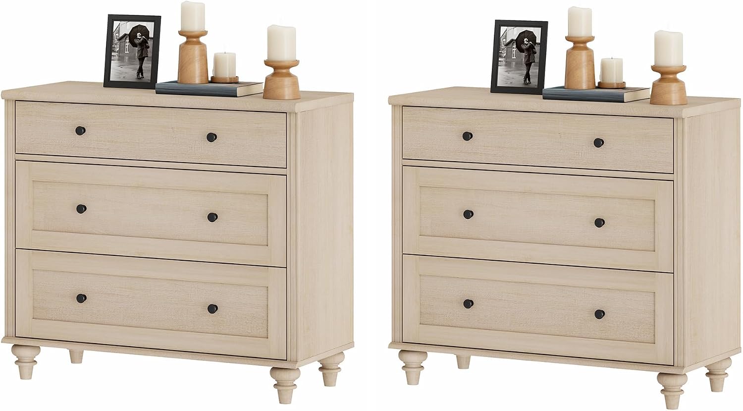 WAMPAT Farmhouse End Table with 3 Drawers, Set of 2 Large 3 Drawers Wood Side Table Nightstands, Wide Sofa Side End Table for Living Room, Light Oak