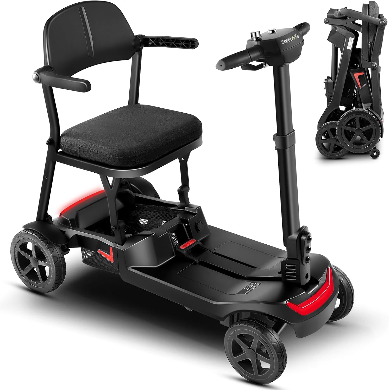 SCOOTNGO Mobility Scooters for Seniors & Adults 4 Wheel Travel Mobility Scooter Airline Approved with Two Batteries, Lightweight, Foldable, No Assembly Needed (Black Red, Dual Batteries)