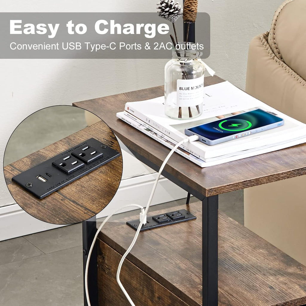 Dungoo 59' Floor Lamp with Table, Narrow End Table with Lamp Attached with USB & Type-C Ports and 2 Outlets, Rustic End Table with Storage Drawers, Bedside Nightstand for Living Room Bedroom