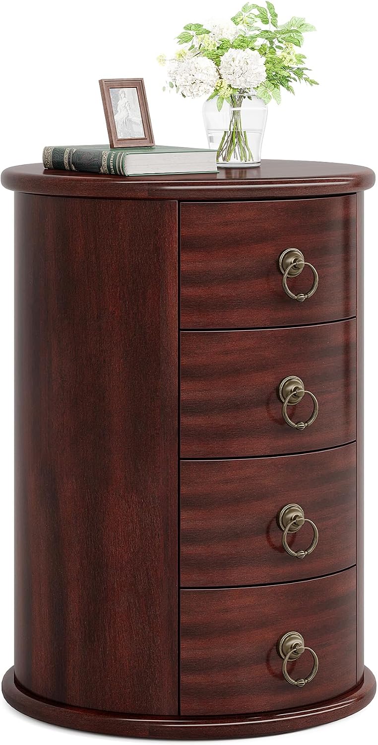 Tribesigns Solid Wood Nightstand, Round Night Stand with 4 Drawers, Rustic Bedside Table Tall Nightstand for Bedroom, Living Room, No Assembly Required (1)