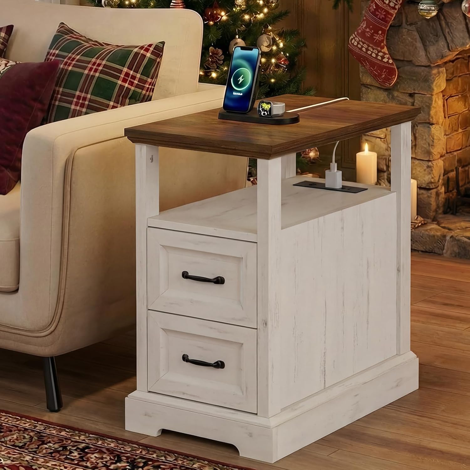HOMMPA Farmhouse End Table with Charging Station, 23.6'' Rustic End Table w/Storage Drawers & Open Shelf, Wood Sofa Side Table Bedside Table for Living Room Bedroom, Roman Column Design, Rustic White