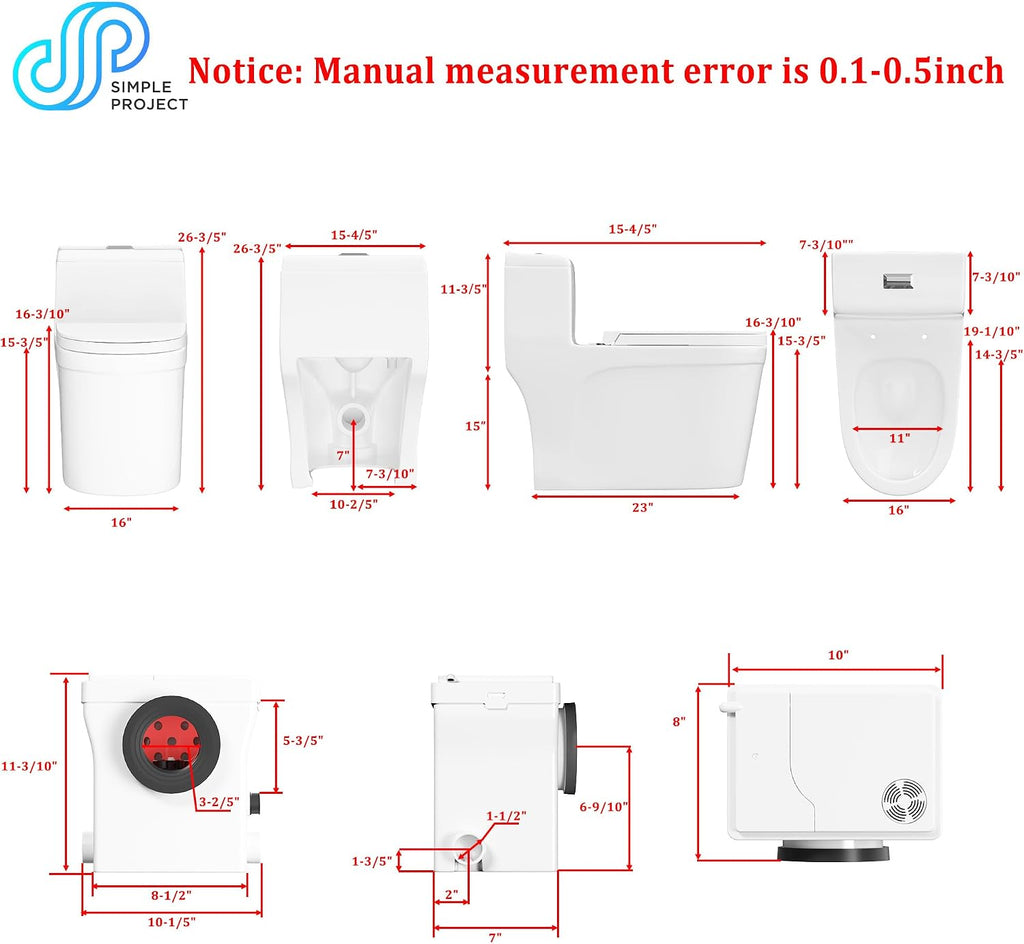 Simple Project Macerating Toilets System with 600w Macerator Pump, Upgrade Upflush Toilet for Basement, Powerful & Quiet Operation Macerating Toilet Bowls with 3 Water Inlet & Ac Vent