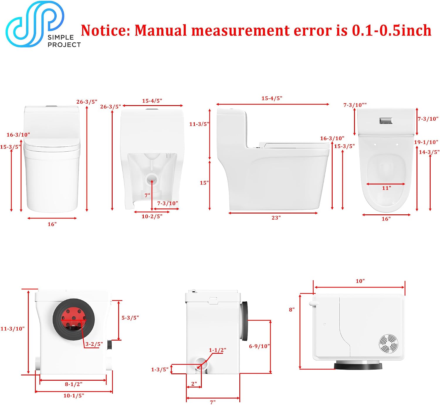 Simple Project Macerating Toilets System with 600w Macerator Pump, Upgrade Upflush Toilet for Basement, Powerful & Quiet Operation Macerating Toilet Bowls with 3 Water Inlet & Ac Vent
