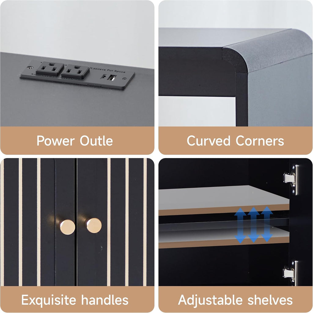 23.6' Modern Black Nightstand Set of 2 with Chariging Station 2AC+USB+Type-C, Classic Striped Side Table with Door+Storage Shelf, Rectangle End Table for Living Room, Bedroom (2, Black)