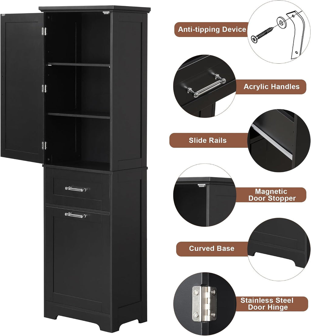 Bathroom Storage Cabinet with Adjustable Shelf, 68.4 in Tall | MDF, painted finish, adjustable shelf, enclosed storage, acrylic handles, anti-tip kit, bathroom, 20 W x 13.5 D x 68.4 H in