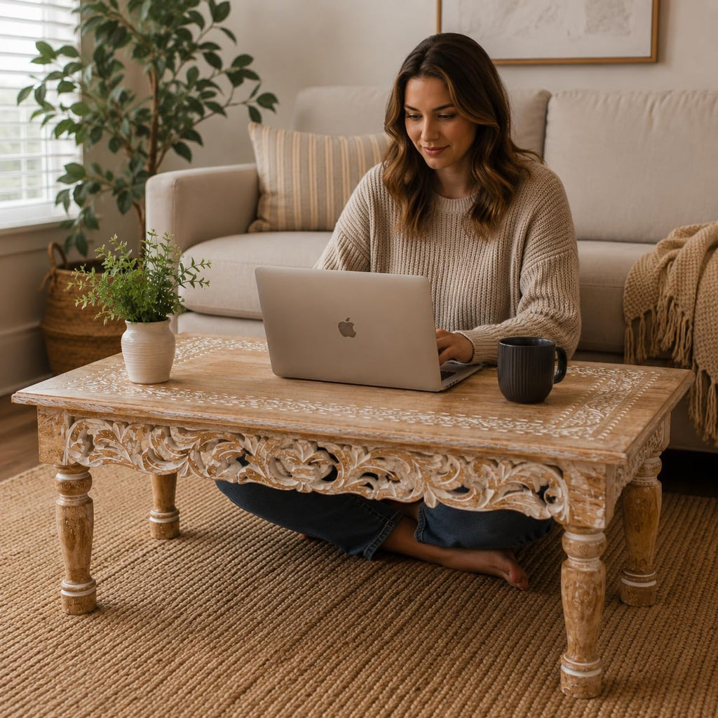 Rectangular Wooden Coffee Table 36x24x18 Inch – Beige Finish with Cutwork Jali Carving, Rustic Farmhouse Style, Mid-Century Modern Living Room Furniture